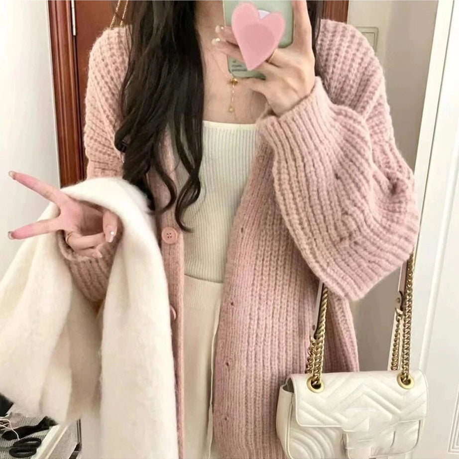 Aesthetic Pastel Soft Blush Chunky Cardigan Shoptery