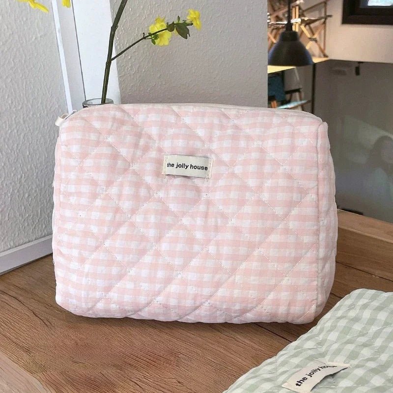Soft Checkered Coquette Makeup Bag D light pink Shoptery