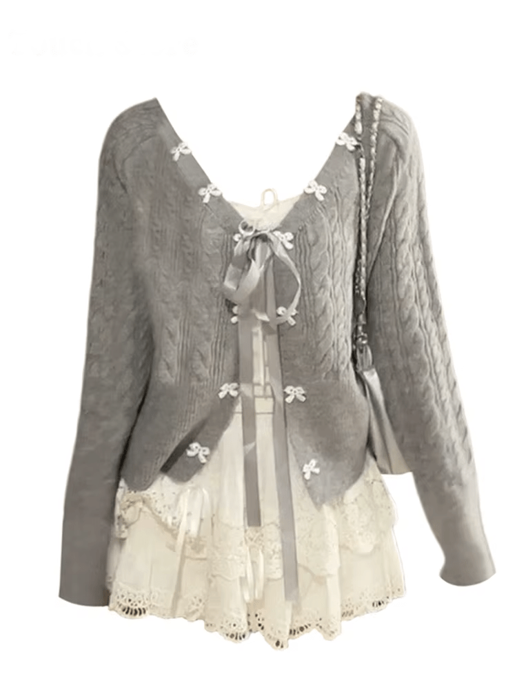 Acubi Lace Bow-Knit Outfit Set Grey One Size Shoptery