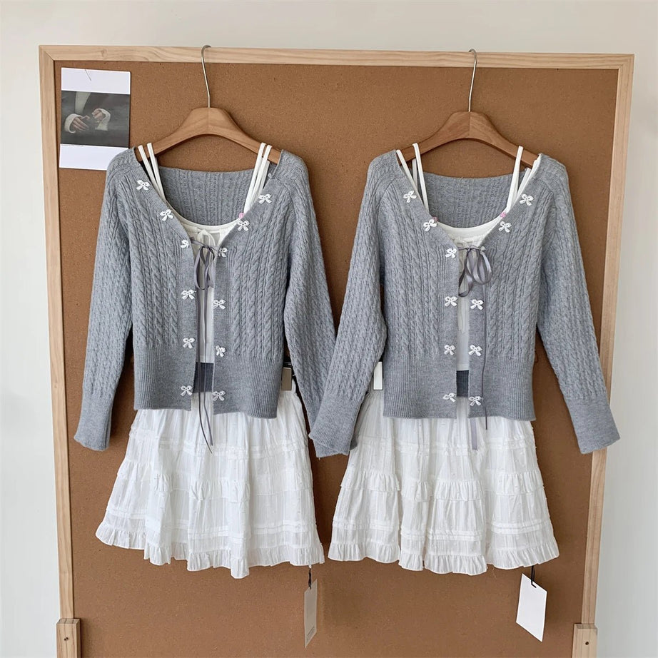 Acubi Lace Bow-Knit Outfit Set Shoptery