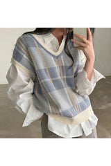 Retro Soft Pastel Plaid Sweater Vest Blue Shoptery