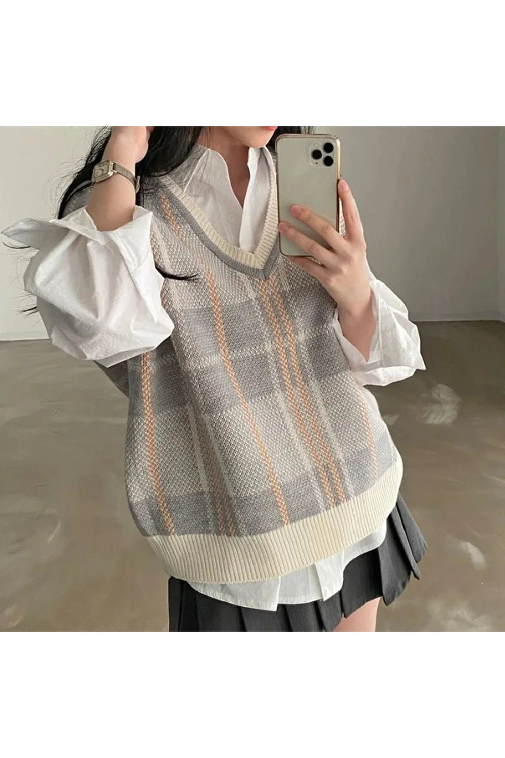 Retro Soft Pastel Plaid Sweater Vest GRAY Shoptery