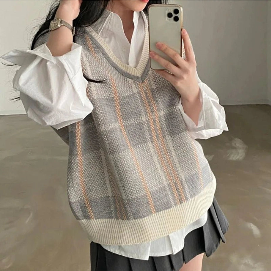 Retro Soft Pastel Plaid Sweater Vest GRAY Shoptery