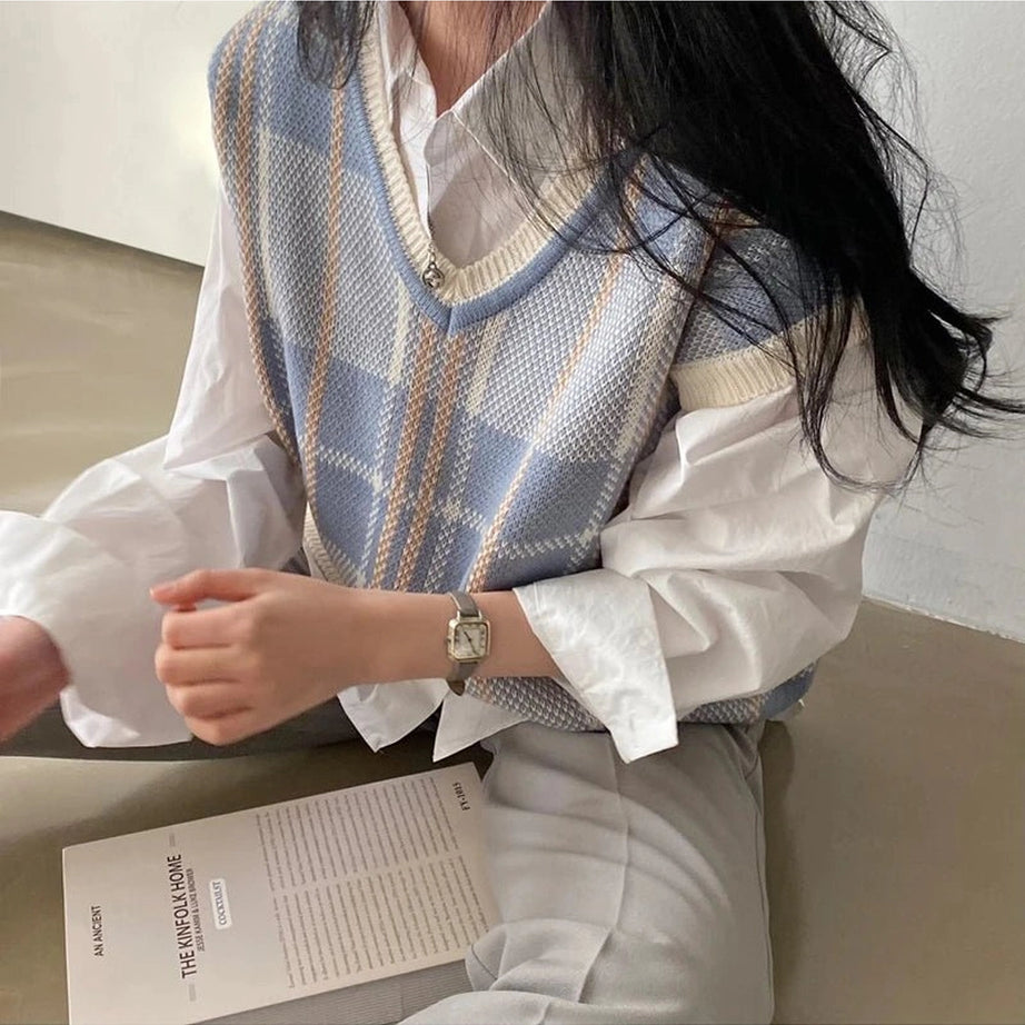 Retro Soft Pastel Plaid Sweater Vest Shoptery