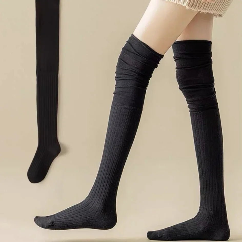 Kawaii Soft Ruched Over-the-Knee Socks black one size Shoptery