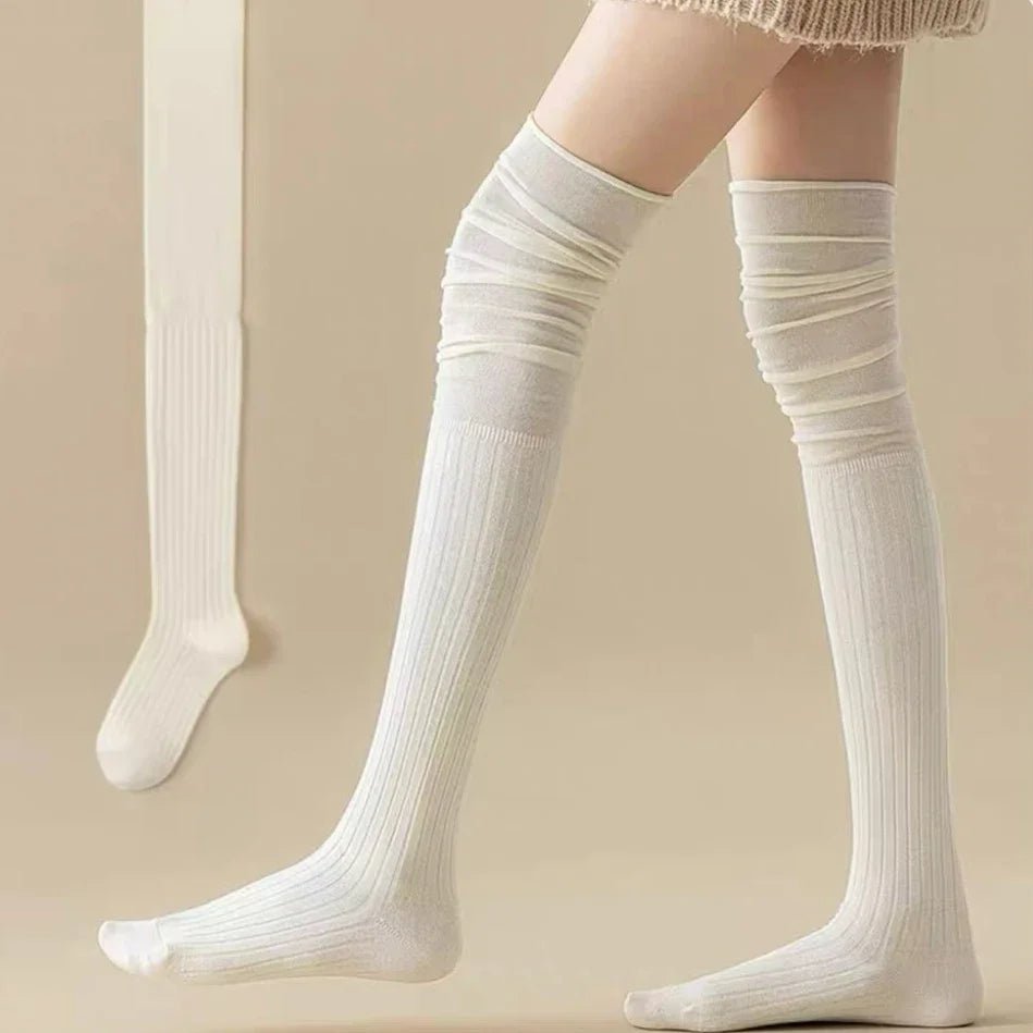 Kawaii Soft Ruched Over-the-Knee Socks white one size Shoptery