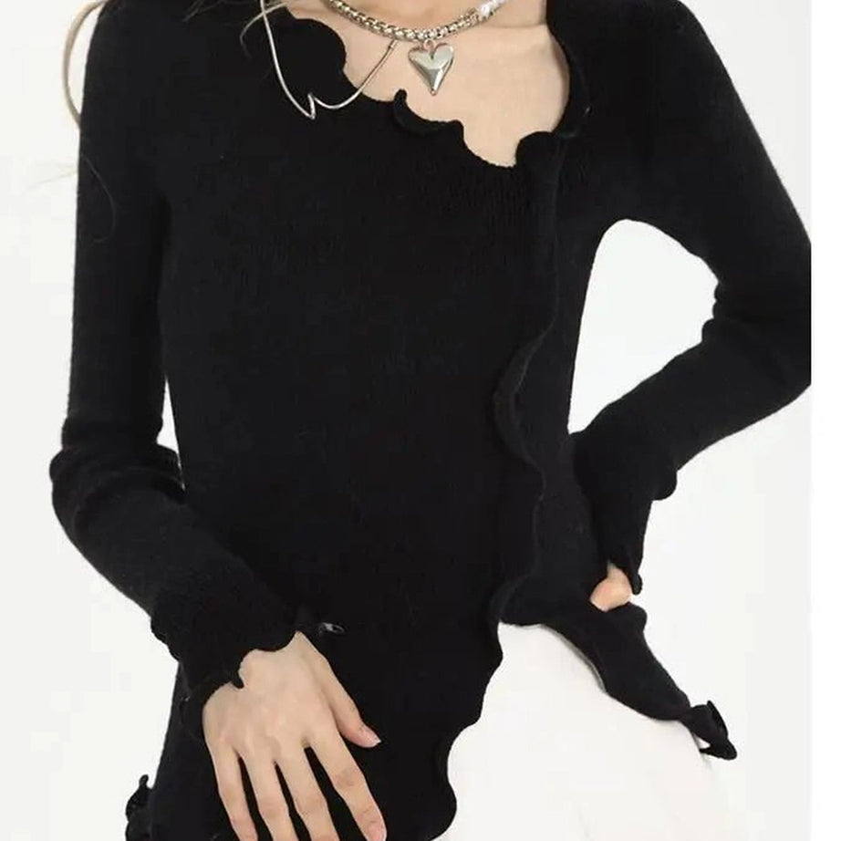Aesthetic Soft Wave Ruffle Cardigan Black One Size Shoptery
