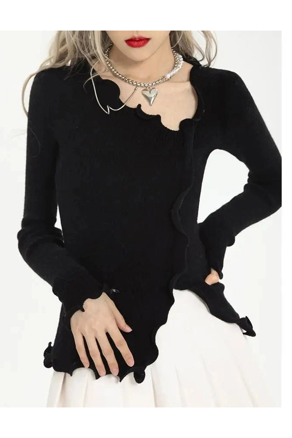 Aesthetic Soft Wave Ruffle Cardigan Black One Size Shoptery