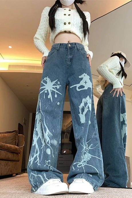 Splatter Print Wide - Leg Jeans - 