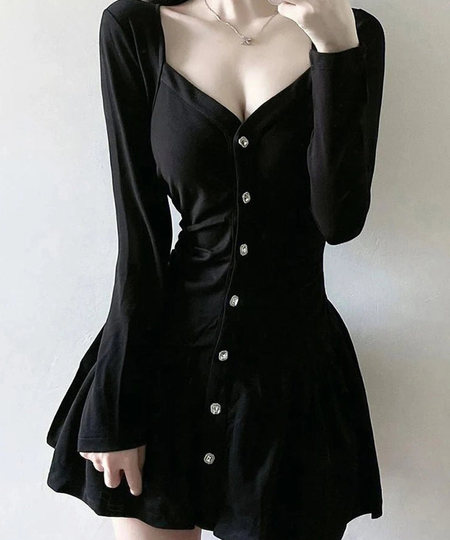 Square Collar Black Dress - Dresses