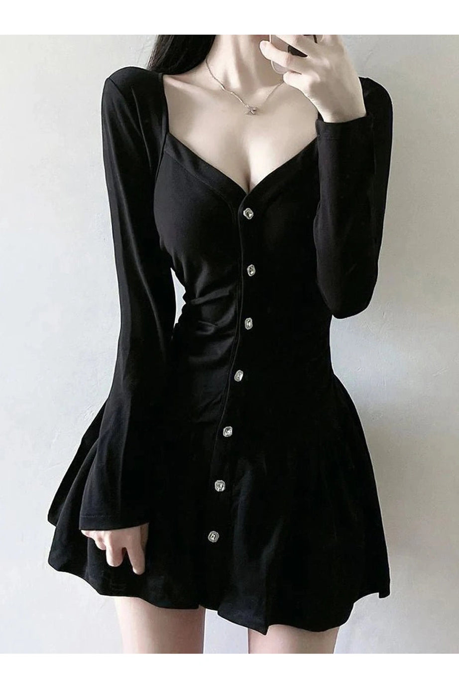 Square Collar Black Dress - Dresses