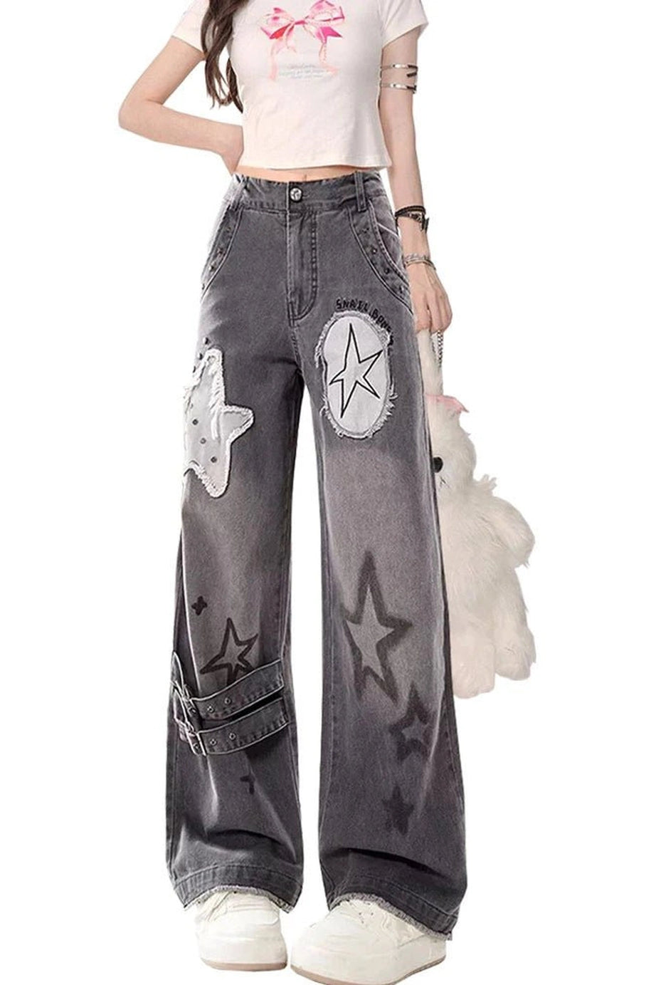 Star Patchwork Wide - Leg Jeans - Jeans