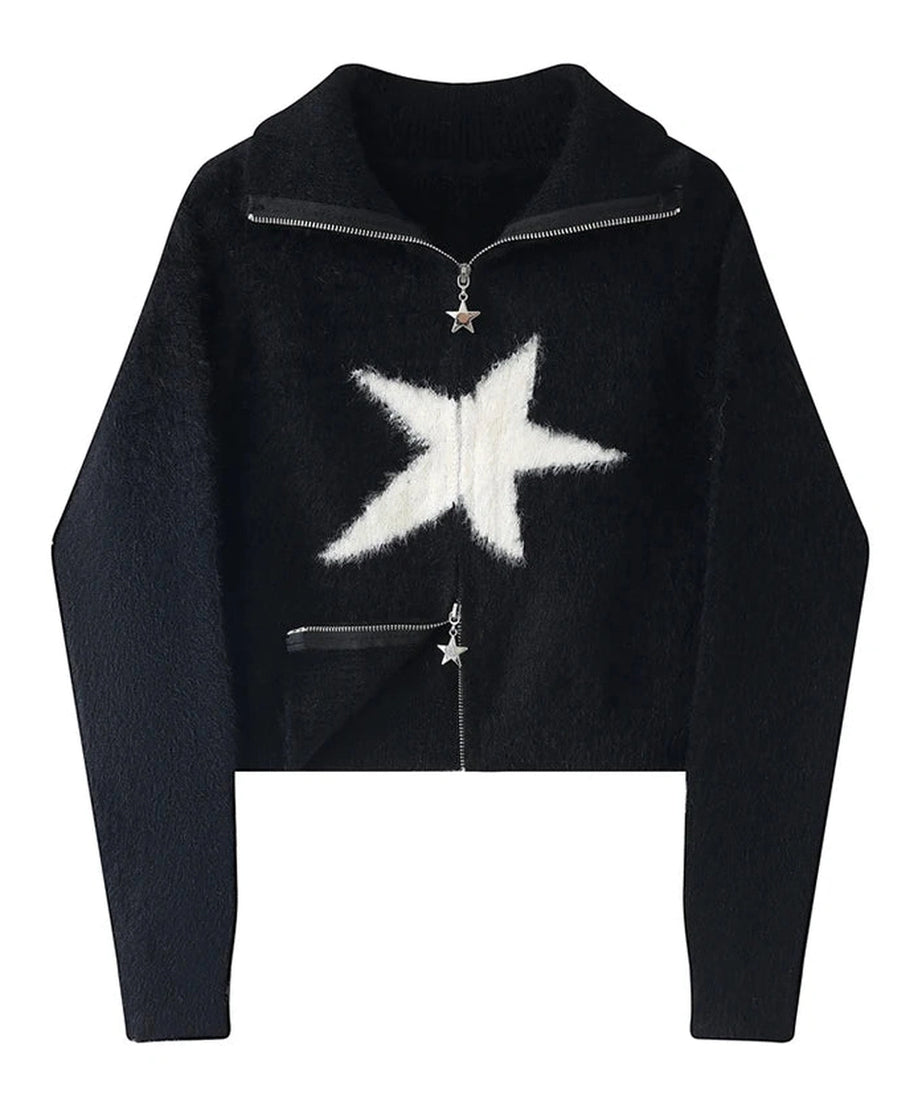 Star Zip - Up Fuzzy Sweater - Sweaters