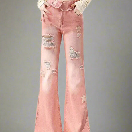 Starry Pink Edgy Distressed Jeans Pink Shoptery