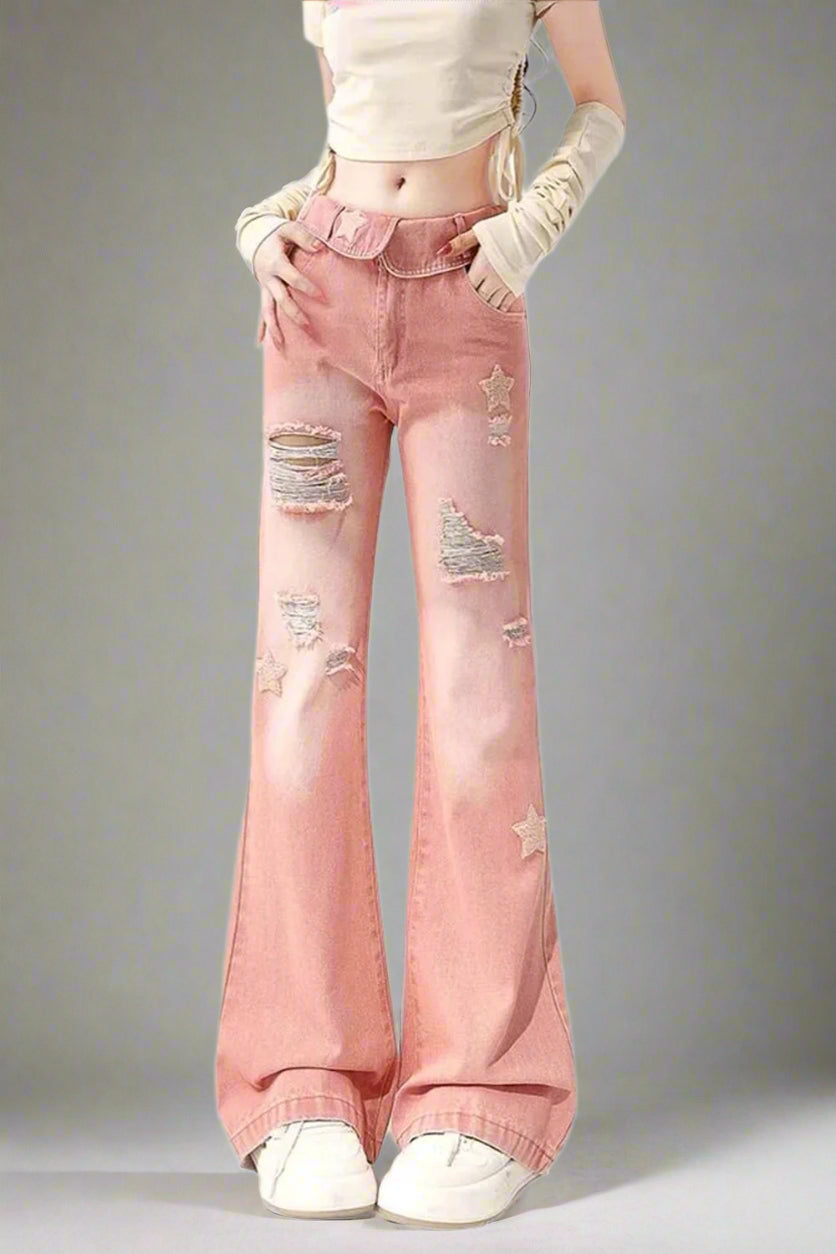 Starry Pink Edgy Distressed Jeans Pink Shoptery