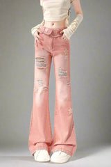 Starry Pink Edgy Distressed Jeans Pink Shoptery