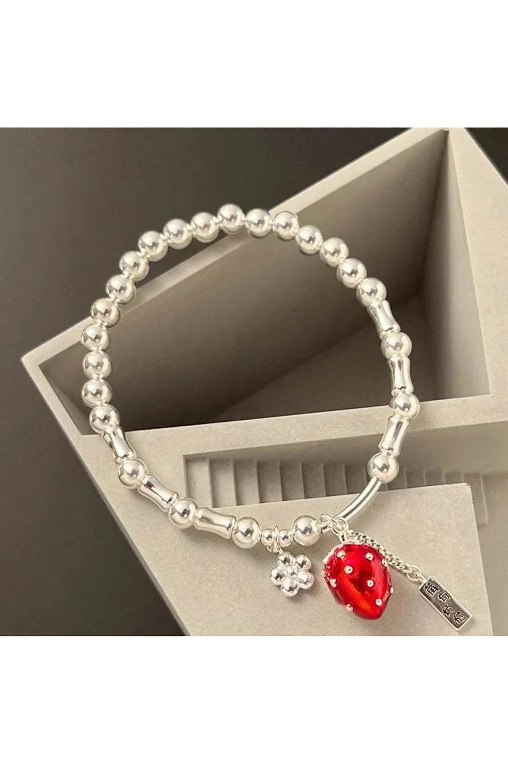 Aesthetic Strawberry Charm Silver Bracelet Shoptery