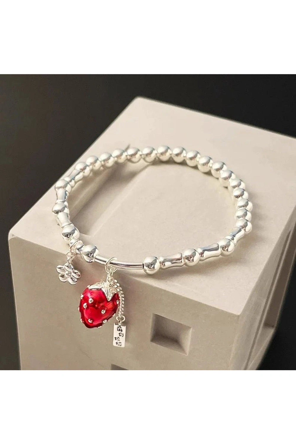 Aesthetic Strawberry Charm Silver Bracelet Shoptery