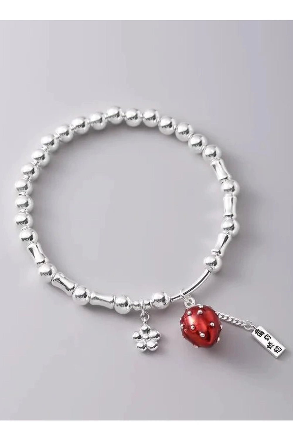 Aesthetic Strawberry Charm Silver Bracelet Shoptery