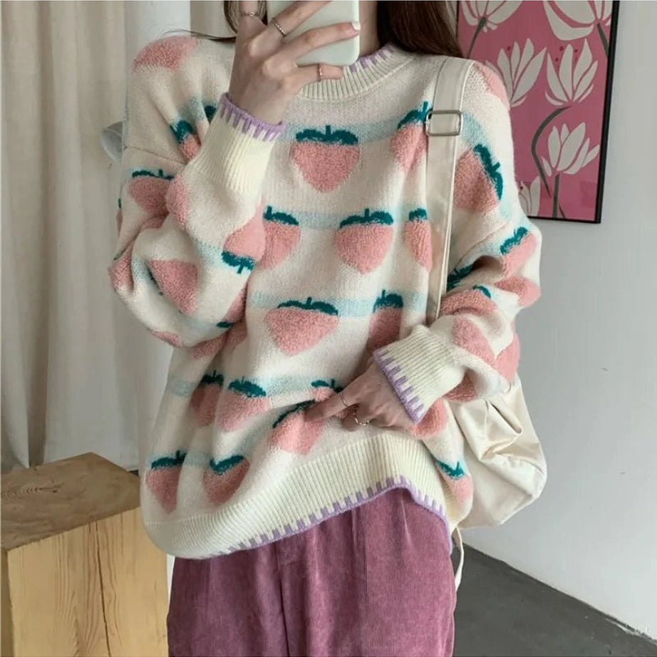 Retro Strawberry Fields Knit Sweater Shoptery
