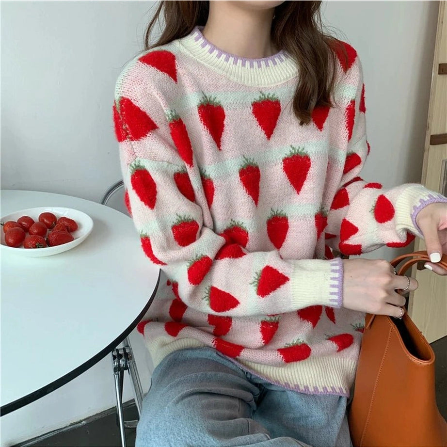 Retro Strawberry Fields Knit Sweater Shoptery