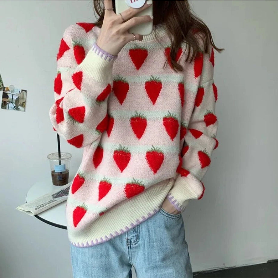 Retro Strawberry Fields Knit Sweater Strawberry One Size Shoptery