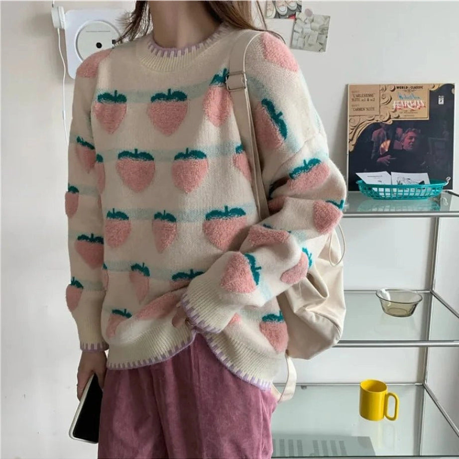 Retro Strawberry Fields Knit Sweater Peach One Size Shoptery