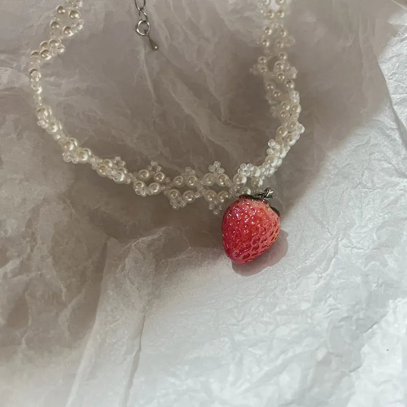 Coquette Strawberry Pearl Charm Necklace Shoptery