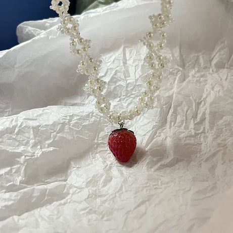 Coquette Strawberry Pearl Charm Necklace Shoptery