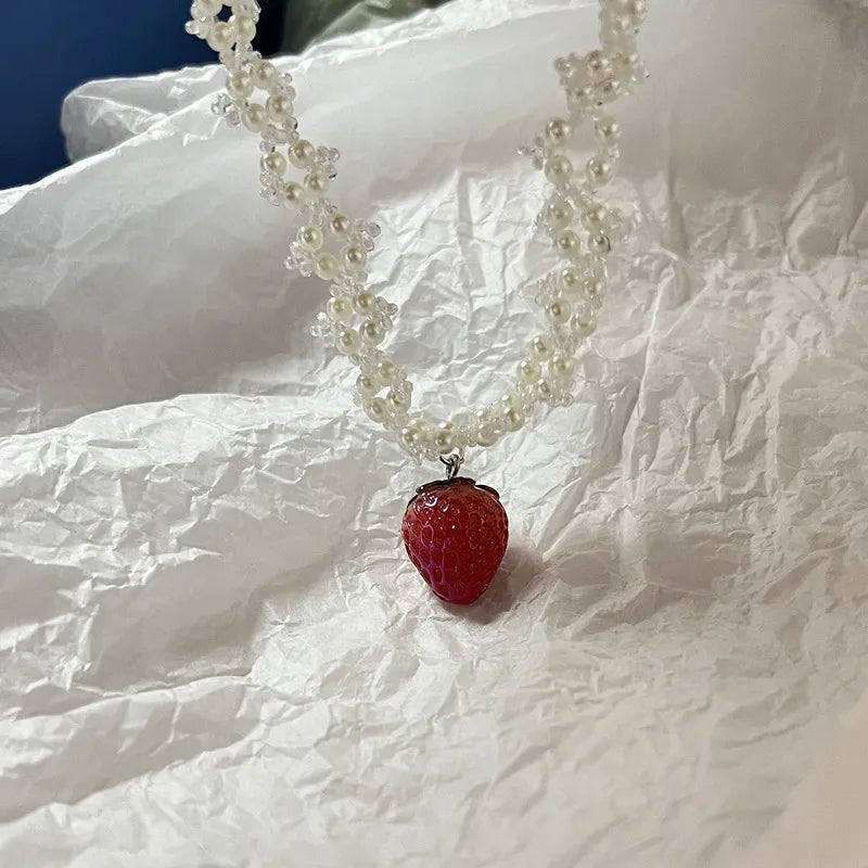 Coquette Strawberry Pearl Charm Necklace Shoptery