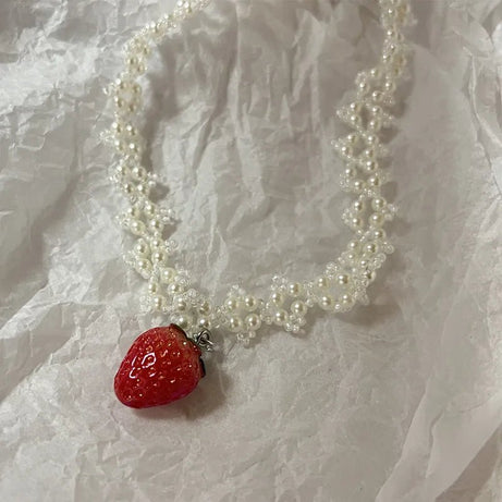 Coquette Strawberry Pearl Charm Necklace Shoptery