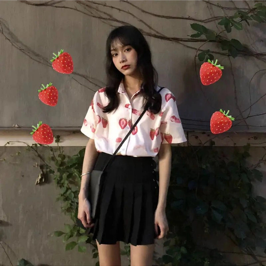 Aesthetic Strawberry Print Casual Shirt Shoptery