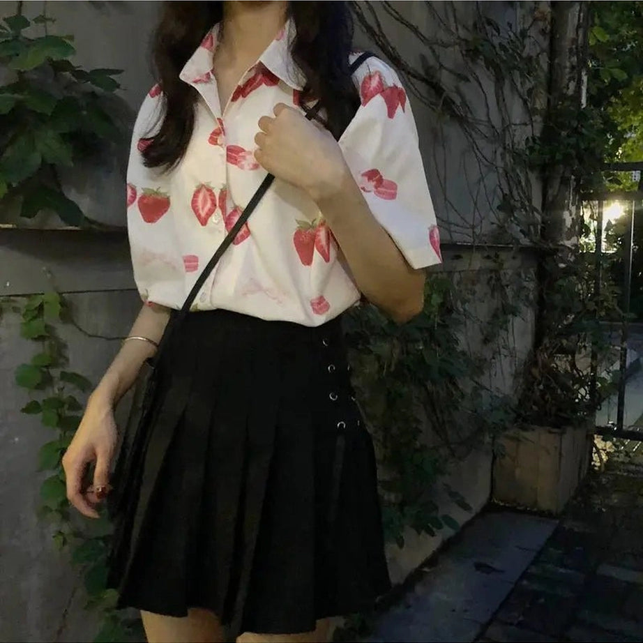 Aesthetic Strawberry Print Casual Shirt pink Shoptery