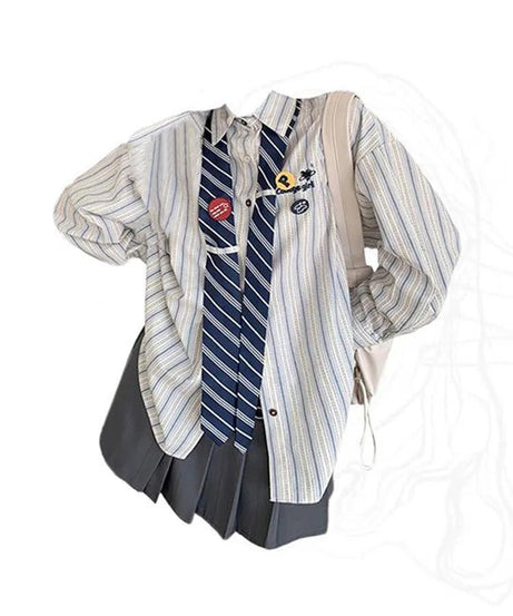 Striped Academia Button - Up Shirt - Outfit Sets