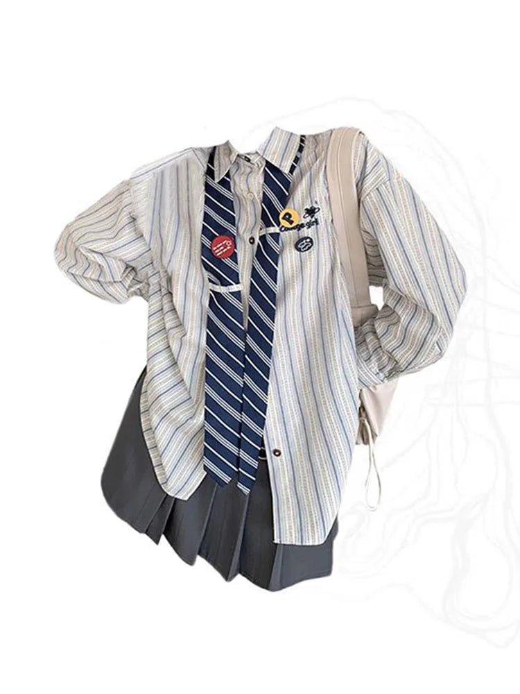 Striped Academia Button - Up Shirt - Outfit Sets