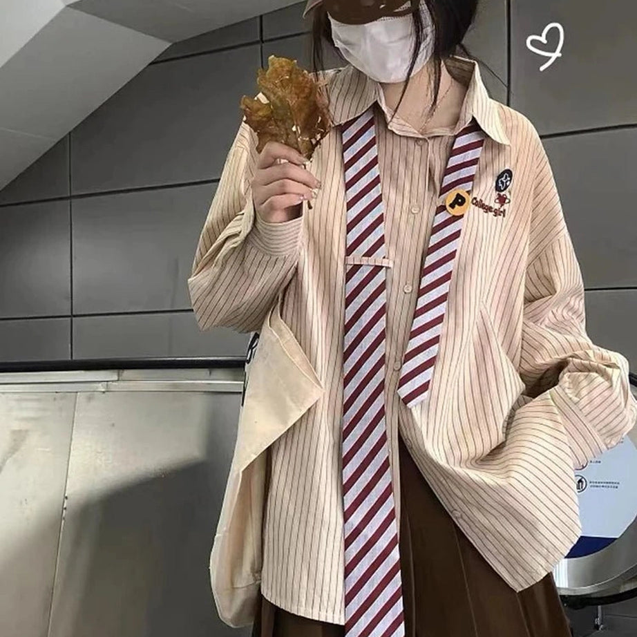 Acubi Striped Button-Up Shirt Khaki Shoptery