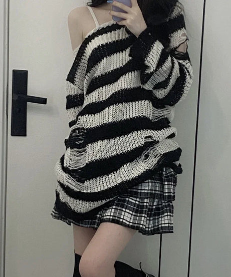 Striped Grunge Distressed Sweater - Sweaters