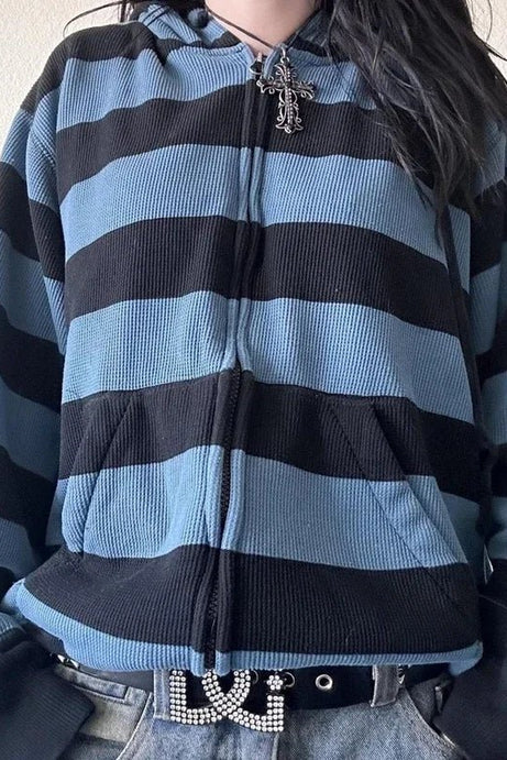 Striped Grunge Zip - Up Hoodie - 