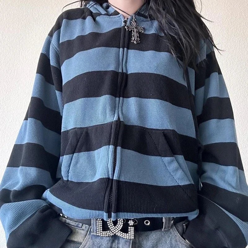 Striped Grunge Zip - Up Hoodie - 