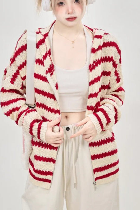 Striped Knit Bunny Ear Hoodie - 