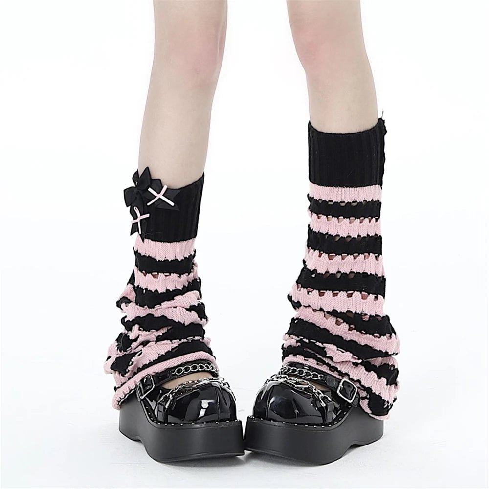 Striped Lolita Slouch Pastel Goth Leg Warmers black-pink One Size Shoptery