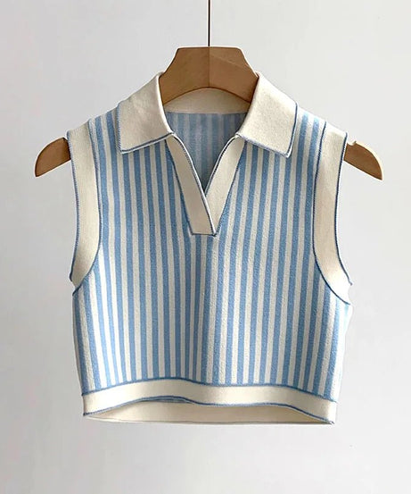 Striped Preppy Knit Polo Top - Crop Tops