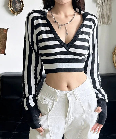 Striped Shadow Crop Hoodie - Hoodies