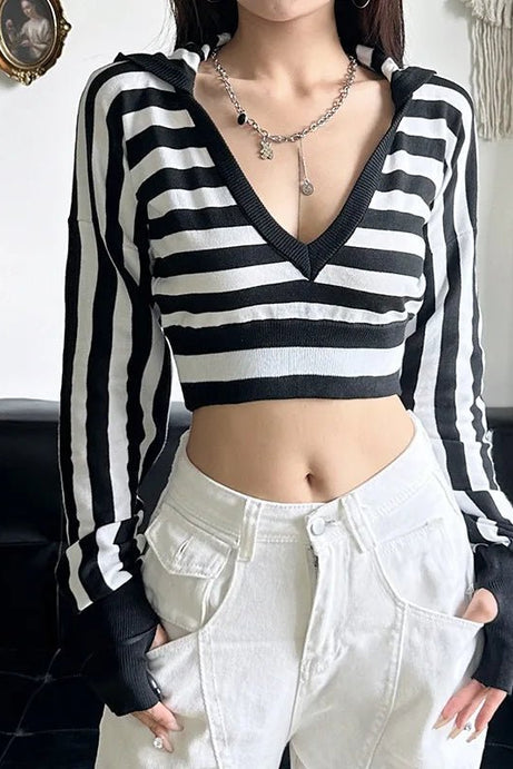 Striped Shadow Crop Hoodie - Hoodies