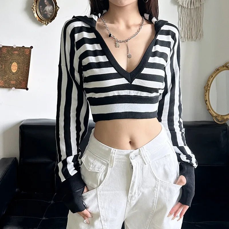 Striped Shadow Crop Hoodie - Hoodies