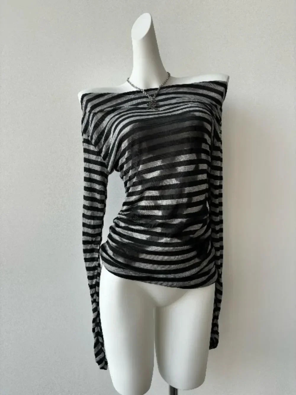 Alt Striped Shadow Print Mesh Top Shoptery