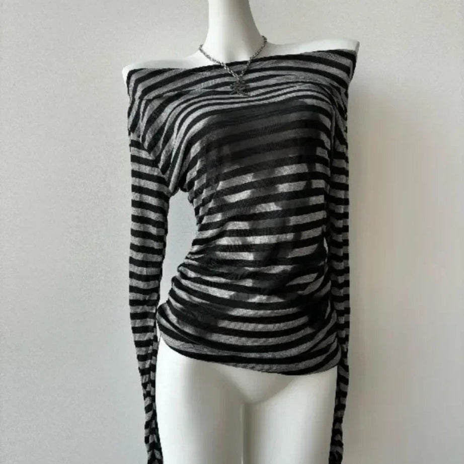 Alt Striped Shadow Print Mesh Top Shoptery