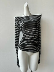 Alt Striped Shadow Print Mesh Top Shoptery