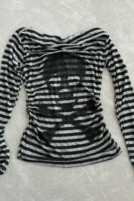 Striped Shadow Print Mesh Top - Shirts & Tops