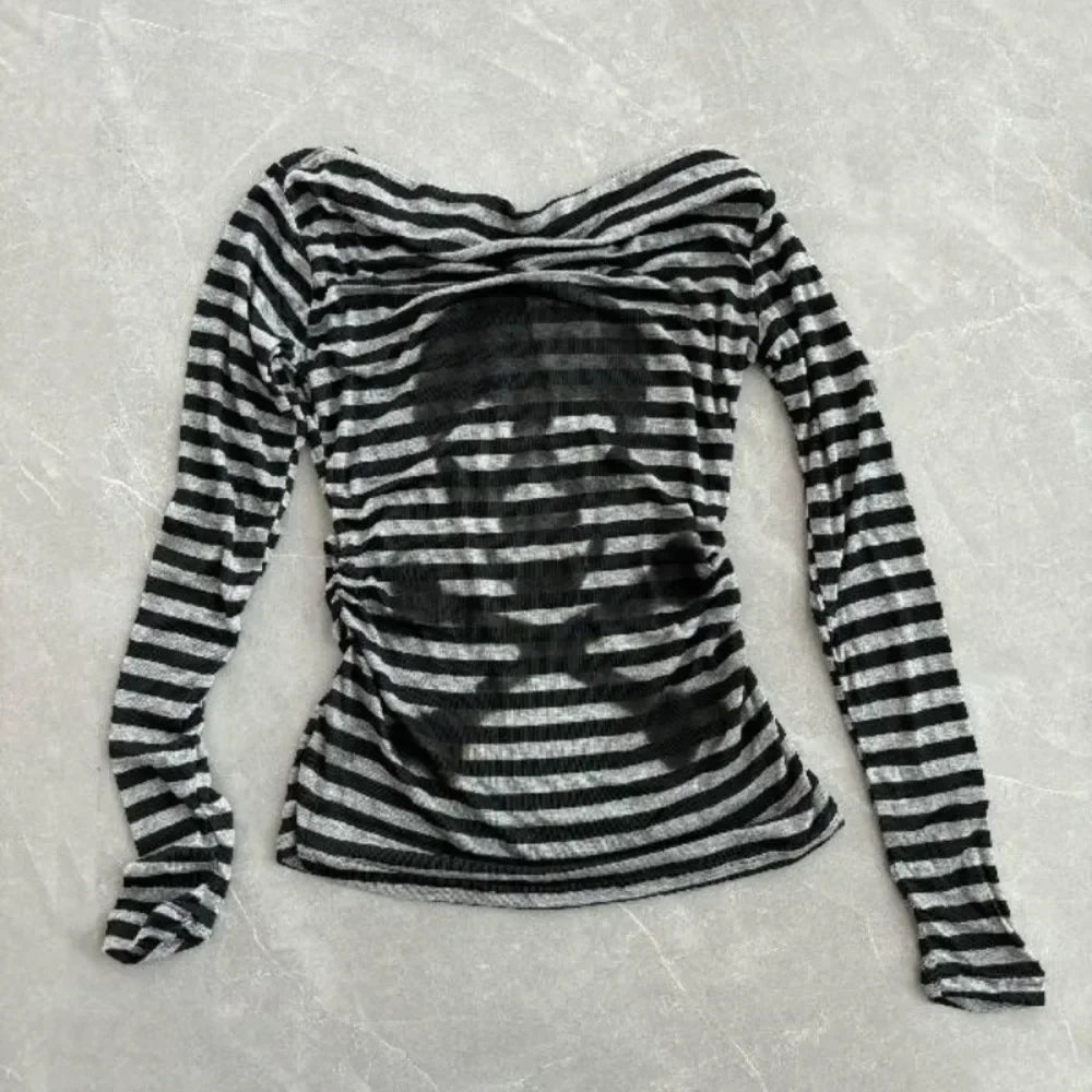 Alt Striped Shadow Print Mesh Top black Shoptery